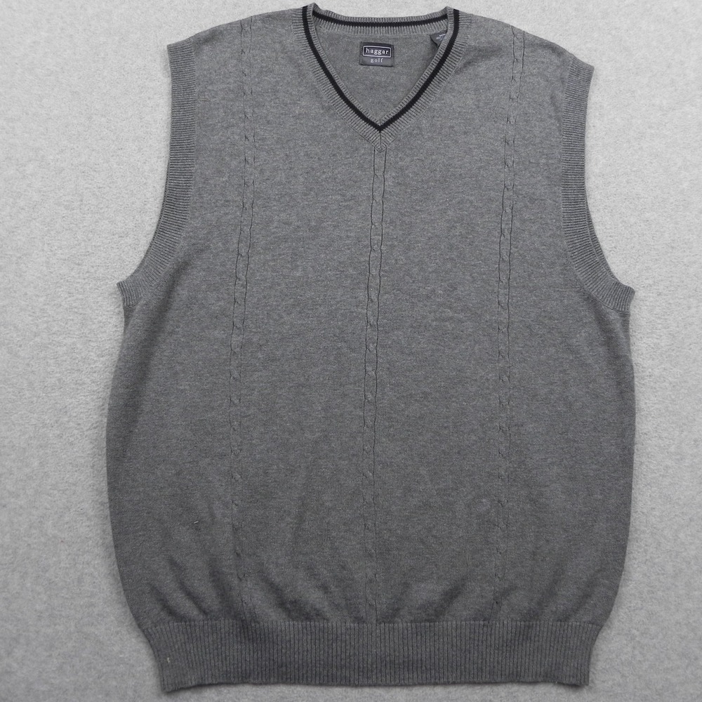Haggar Golf Sweater Vest Mens Medium Pullover Cable Knit V-Neck Gray Sleeveless